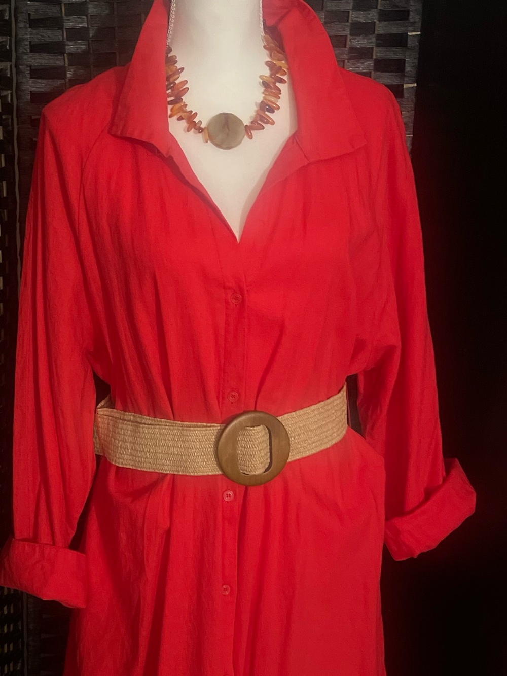 Bright Red Button-Down Shirt Dress with Woven Belt